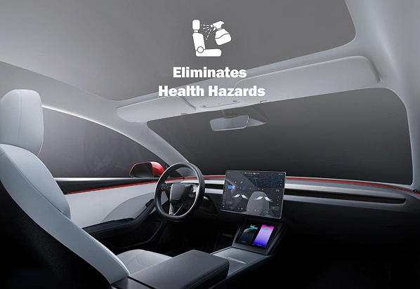 Interior view of a Tesla with a modern dashboard and large touchscreen, accompanied by the text “Eliminates Health Hazards” and an icon of spray bottles, suggesting improved air quality or reduced exposure to harmful elements.