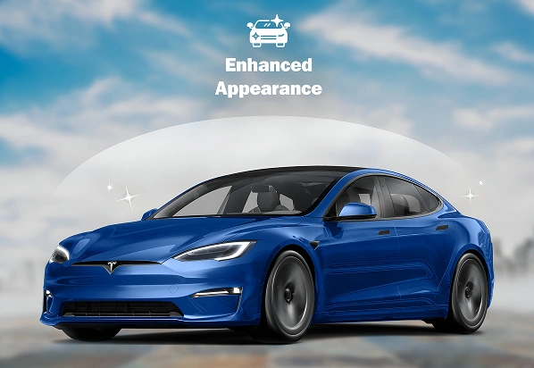 Shiny blue Tesla Model S parked under a clear sky with sparkles around the body, emphasizing its glossy finish and clean design. Above the car, an icon and the text “Enhanced Appearance” highlight the vehicle’s polished look.