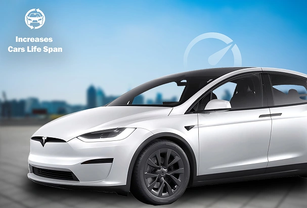 White Tesla Model X parked on a rooftop with a city skyline in the background, accompanied by the text “Increases Cars Life Span” and a speedometer graphic, suggesting vehicle longevity benefits.