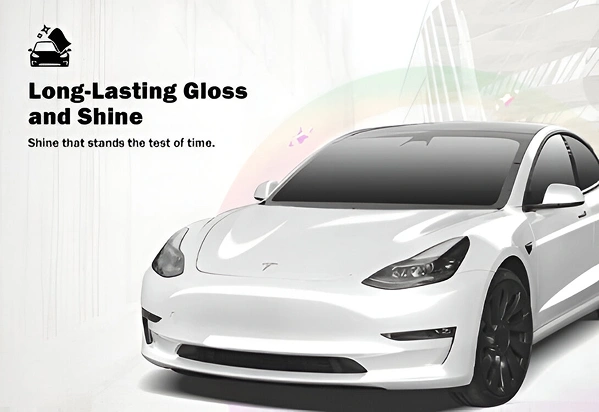 Glossy white Tesla Model 3 with a mirror-like finish, black wheels, and a clean background, paired with the text “Long-Lasting Gloss and Shine – Shine that stands the test of time” and a sparkle icon above a car.