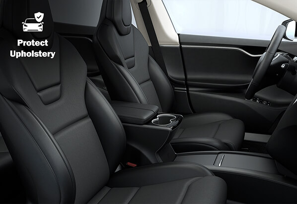 Interior of a Tesla featuring sleek black leather seats, with the text “Protect Upholstery” and a car shield icon highlighting the benefit of preserving seat materials.