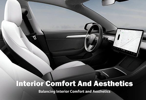 A clean, modern interior of a Tesla Model 3 with white seats and a central touchscreen display, accompanied by text that reads “Interior Comfort And Aesthetics – Balancing Interior Comfort and Aesthetics,” promoting stylish and comfortable cabin design.