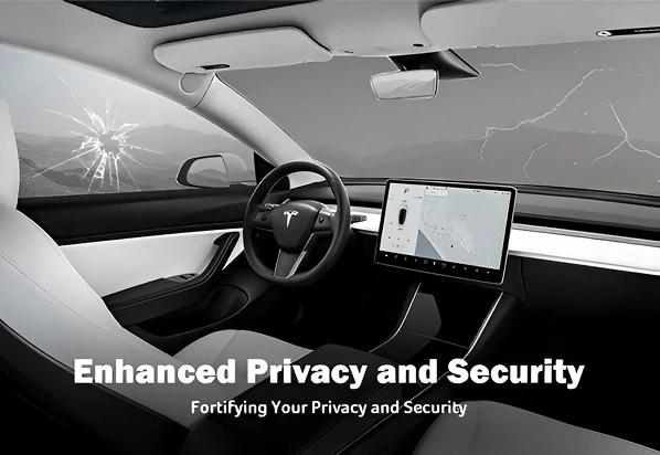 Interior view of a Tesla with cracked glass on the windshield and side windows, promoting enhanced privacy and security features, accompanied by the text “Enhanced Privacy and Security – Fortifying Your Privacy and Security.”