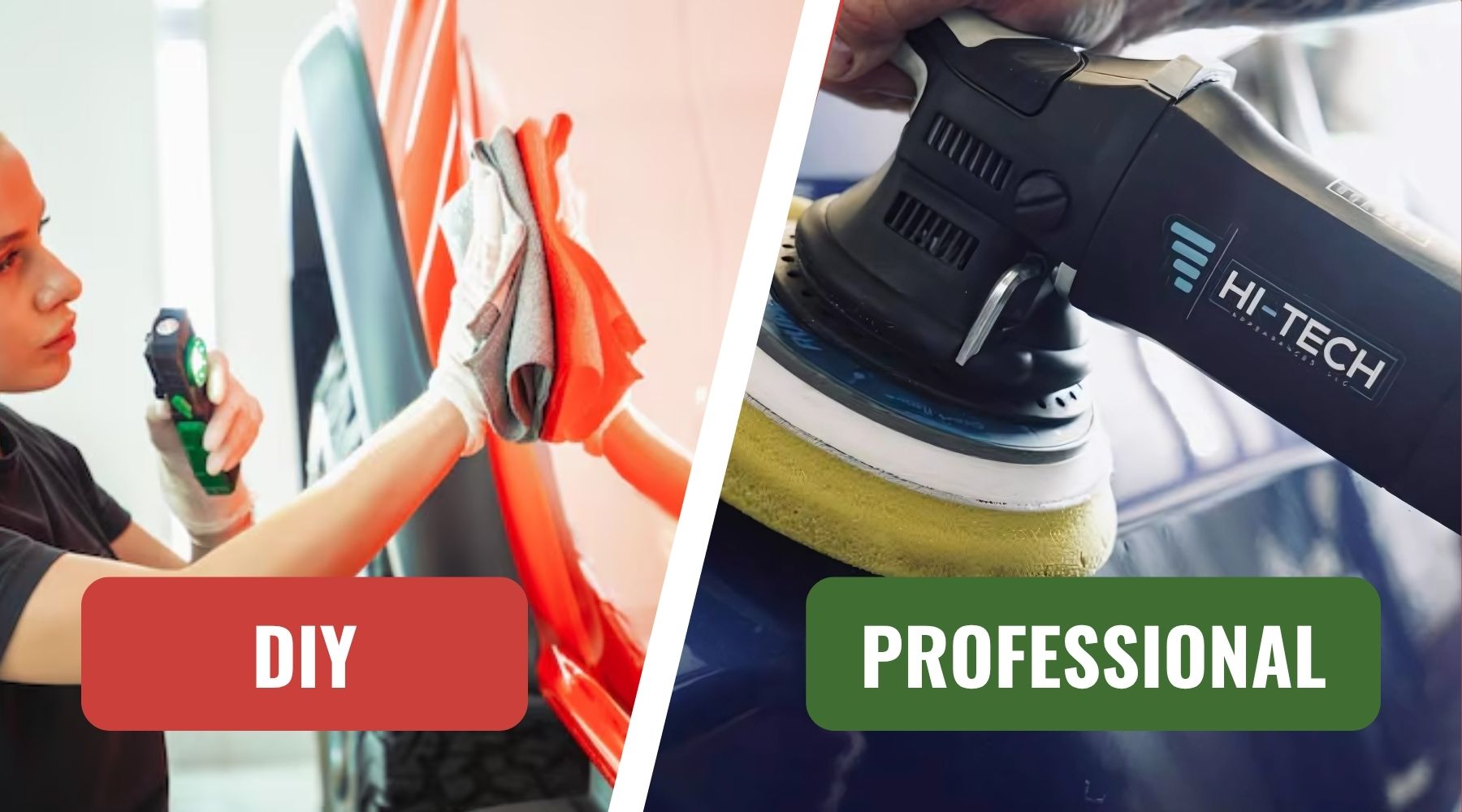Split-screen comparison of DIY versus professional ceramic coating. On the left, a person uses a flashlight and microfiber cloth to apply ceramic coating to a red vehicle with a “DIY” label in red. On the right, a professional-grade Hi-Tech polisher is used on a dark blue vehicle, labeled “PROFESSIONAL” in green.
