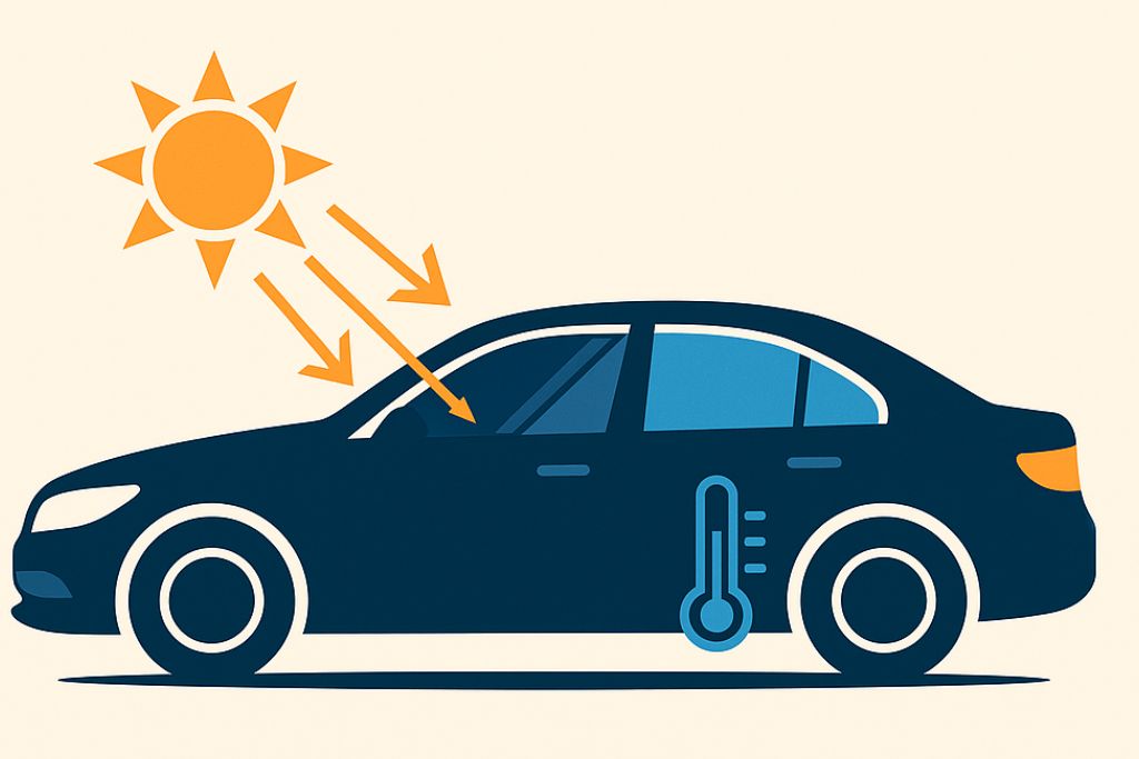 An illustration of a car with sun rays bouncing off the windows and a blue thermometer symbol inside, representing heat rejection benefits of window tint.